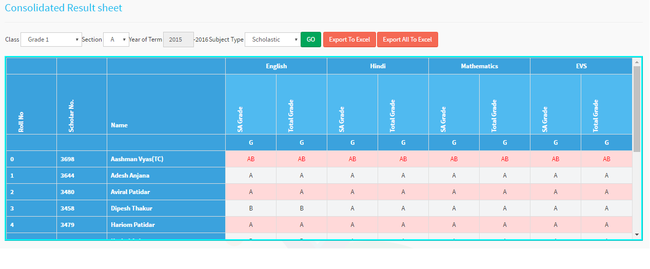 invidiual result sheet